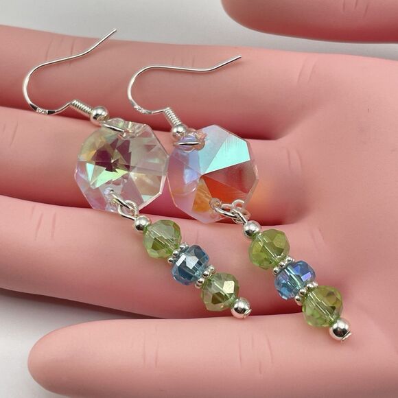 Sterling Silver Plated White AB Green Blue Glass Beaded Dangle Earrings Unique - Picture 6 of 7